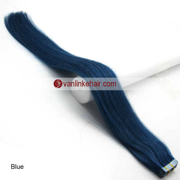 20pcs PU Seamless Skin Tape In Remy Human Hair Extensions Straight Blue - VANLINKE HUMAN HAIR EXTENSIONS