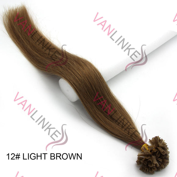 16-26Inches 100s Pre Bonded Nail U Tip Remy Human Hair Extensions Straight Light Brown(12#) - VANLINKE HUMAN HAIR EXTENSIONS