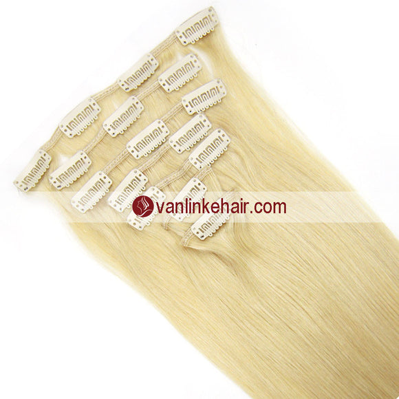 7PCS Full Head Clips on/in Remy Human Hair Extensions Straight Light Blonde(613#) - VANLINKE HUMAN HAIR EXTENSIONS
