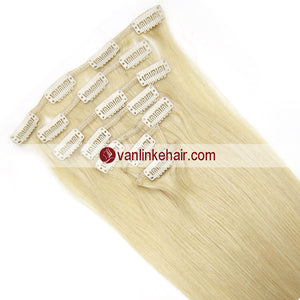 7PCS Full Head Clips on/in Remy Human Hair Extensions Straight White Blonde(60#) - VANLINKE HUMAN HAIR EXTENSIONS