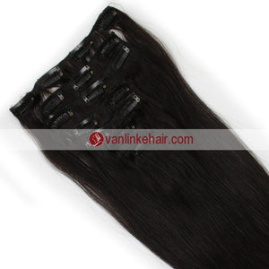 7PCS Full Head Clips on/in Remy Human Hair Extensions Straight Natural Black Kinda Brown(1B#) - VANLINKE HUMAN HAIR EXTENSIONS