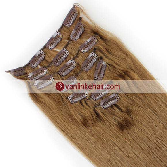 7PCS Full Head Clips on/in Remy Human Hair Extensions Straight Light Brown(12#) - VANLINKE HUMAN HAIR EXTENSIONS