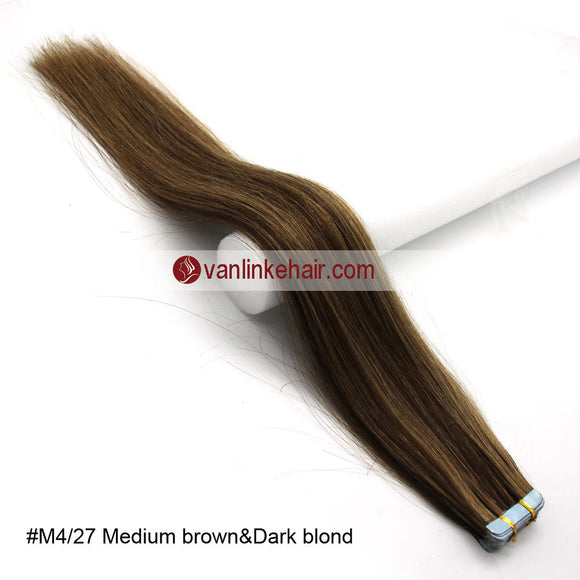20pcs PU Seamless Skin Tape In Remy Human Hair Extensions Straight Medium Brown/Dark Blonde(4/27#) - VANLINKE HUMAN HAIR EXTENSIONS