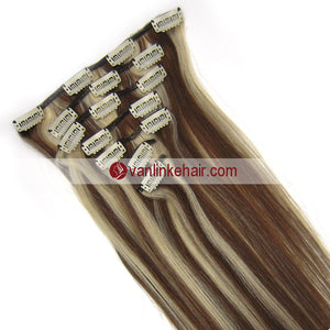 7PCS Full Head Clips on/in Remy Human Hair Extensions Straight Mdeium Brown/Light Blonde(4/613#) - VANLINKE HUMAN HAIR EXTENSIONS