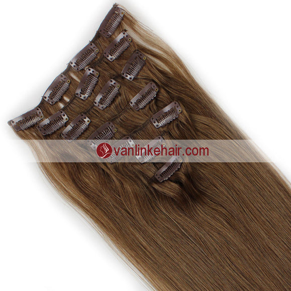 7PCS Full Head Clips on/in Remy Human Hair Extensions Straight Ash Brown(8#) - VANLINKE HUMAN HAIR EXTENSIONS
