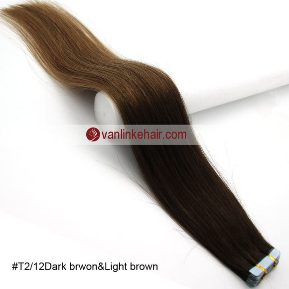 20pcs PU Seamless Skin Tape In Ombre Remy Human Hair Extensions Straight T2/12 - VANLINKE HUMAN HAIR EXTENSIONS