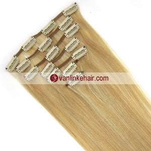 7PCS Full Head Clips on/in Remy Human Hair Extensions StraightDark Blonde/Light Blonde (27/613#) - VANLINKE HUMAN HAIR EXTENSIONS