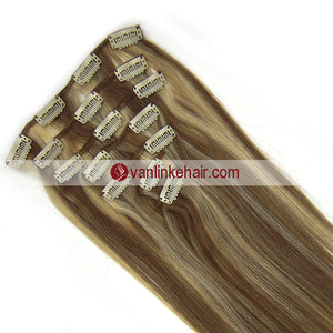 7PCS Full Head Clips on/in Remy Human Hair Extensions Straight Light Brown/Light Blonde(12/613#) - VANLINKE HUMAN HAIR EXTENSIONS