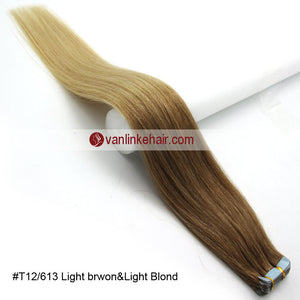 20pcs PU Seamless Skin Tape In Ombre Remy Human Hair Extensions Straight T12/613 - VANLINKE HUMAN HAIR EXTENSIONS