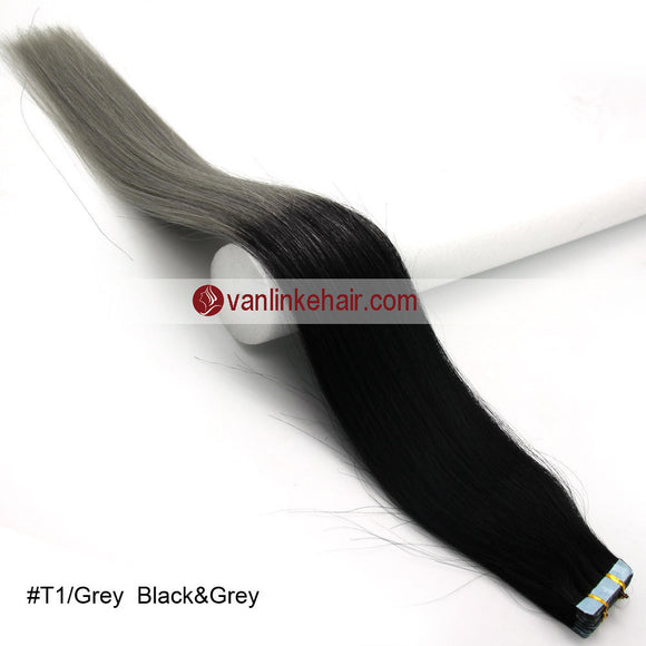 20pcs PU Seamless Skin Tape In Ombre Remy Human Hair Extensions Straight T1/Grey - VANLINKE HUMAN HAIR EXTENSIONS