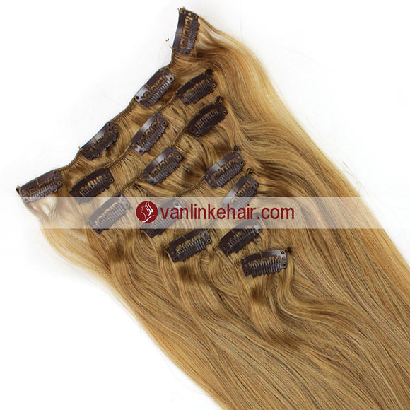 7PCS Full Head Clips on/in Remy Human Hair Extensions Straight Dark Honey Blonde(16#) - VANLINKE HUMAN HAIR EXTENSIONS
