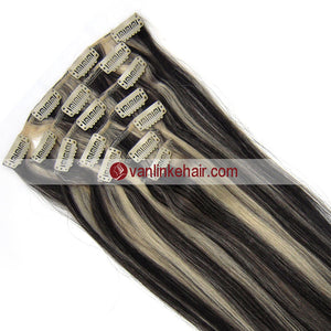 7PCS Full Head Clips on/in Remy Human Hair Extensions Straight (1B/613#) - VANLINKE HUMAN HAIR EXTENSIONS
