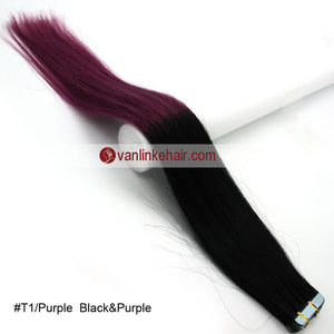 20pcs PU Seamless Skin Tape In Ombre Remy Human Hair Extensions Straight T1/Purple - VANLINKE HUMAN HAIR EXTENSIONS