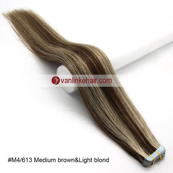 20pcs PU Seamless Skin Tape In Remy Human Hair Extensions Straight Medium Brown/Light Blonde(4/613#) - VANLINKE HUMAN HAIR EXTENSIONS
