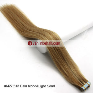 20pcs PU Seamless Skin Tape In Remy Human Hair Extensions Straight Dark Blonde/Light Blonde(27/613#) - VANLINKE HUMAN HAIR EXTENSIONS