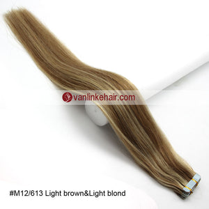 20pcs PU Seamless Skin Tape In Remy Human Hair Extensions Straight Light Brown/Light Blonde(12/613#) - VANLINKE HUMAN HAIR EXTENSIONS